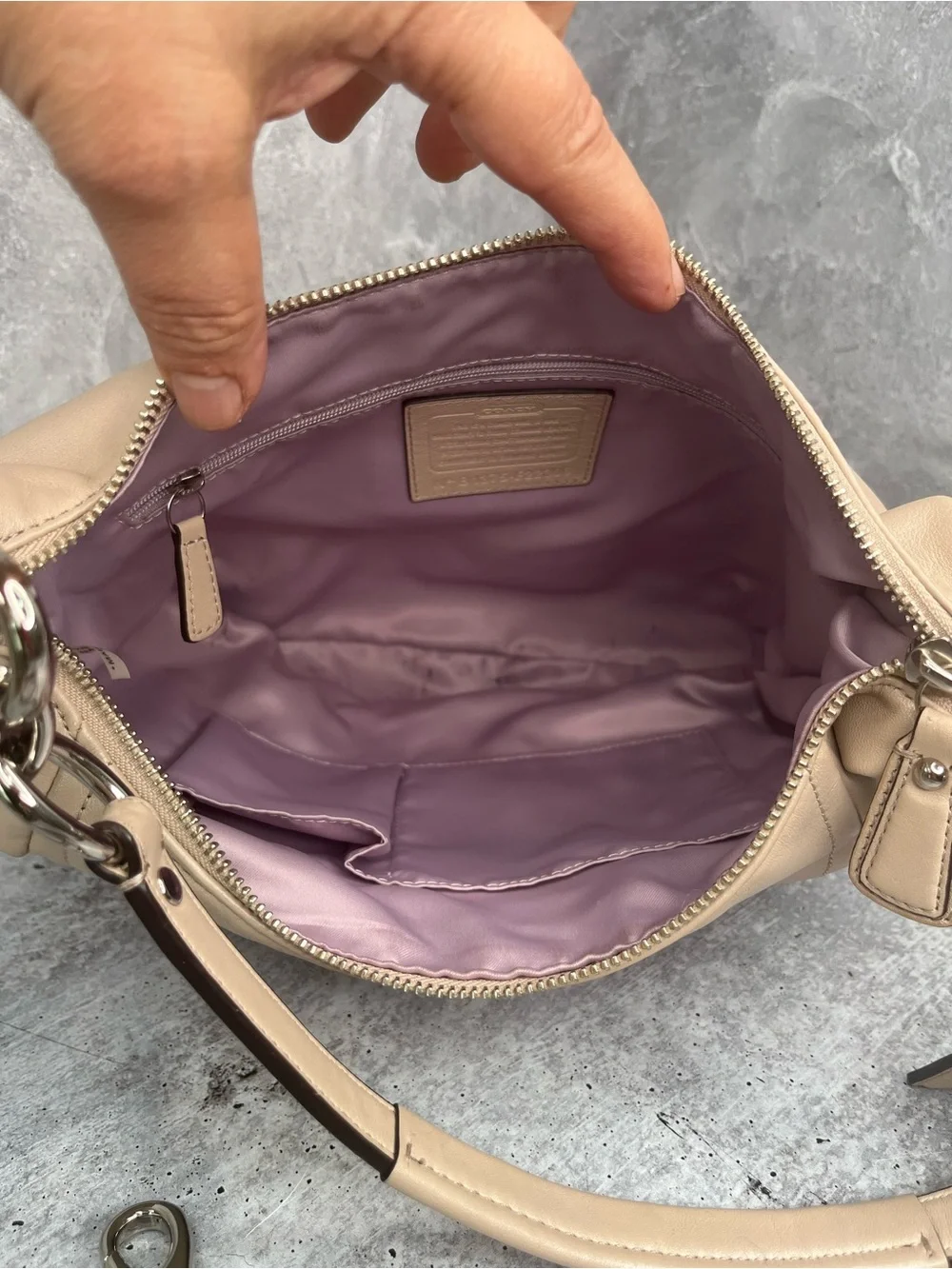 Coach Beige Leather Shoulder Bag with Silver Hardware